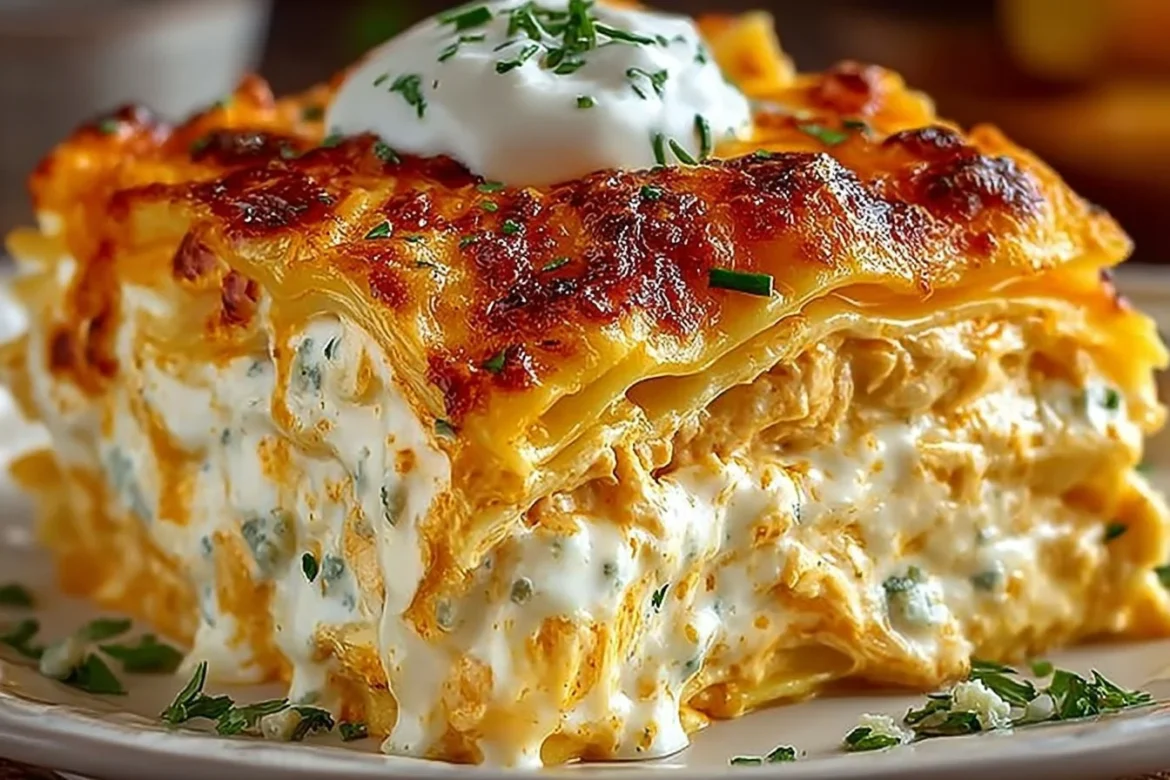 Delicious Buffalo Chicken Lasagna with ranch dressing and cheesy layers.