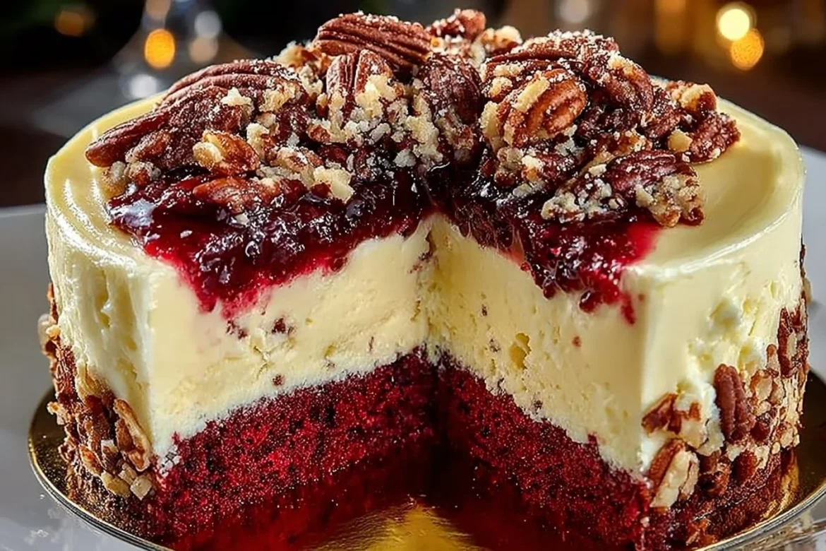 Delicious Butter Pecan Red Velvet Cheesecake topped with nuts