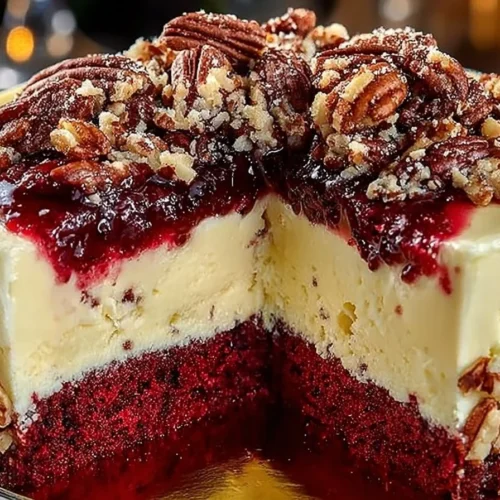 Delicious Butter Pecan Red Velvet Cheesecake topped with nuts