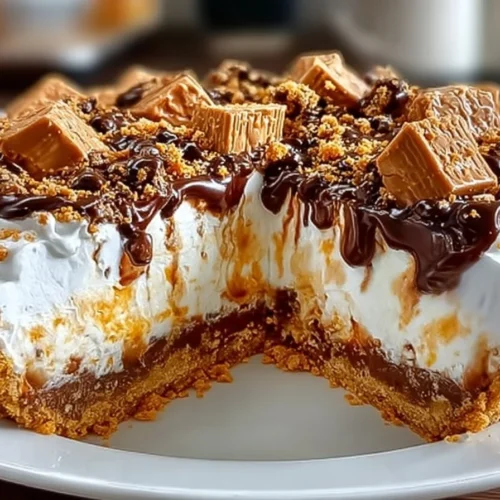 Delicious Butterfinger Pie decorated with crushed Butterfinger candy on top