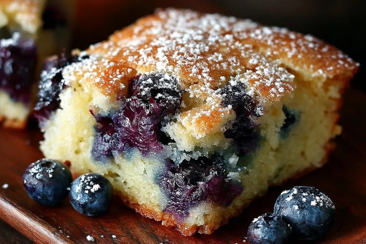 Buttermilk blueberry breakfast cake on a plate with fresh blueberries