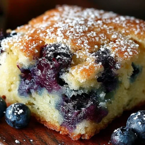 Buttermilk blueberry breakfast cake on a plate with fresh blueberries