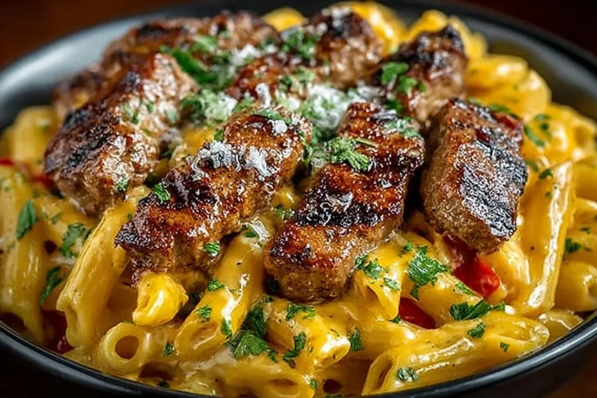 Cajun Steak Penne served with Ranch Honey Cheese Sauce in a bowl.