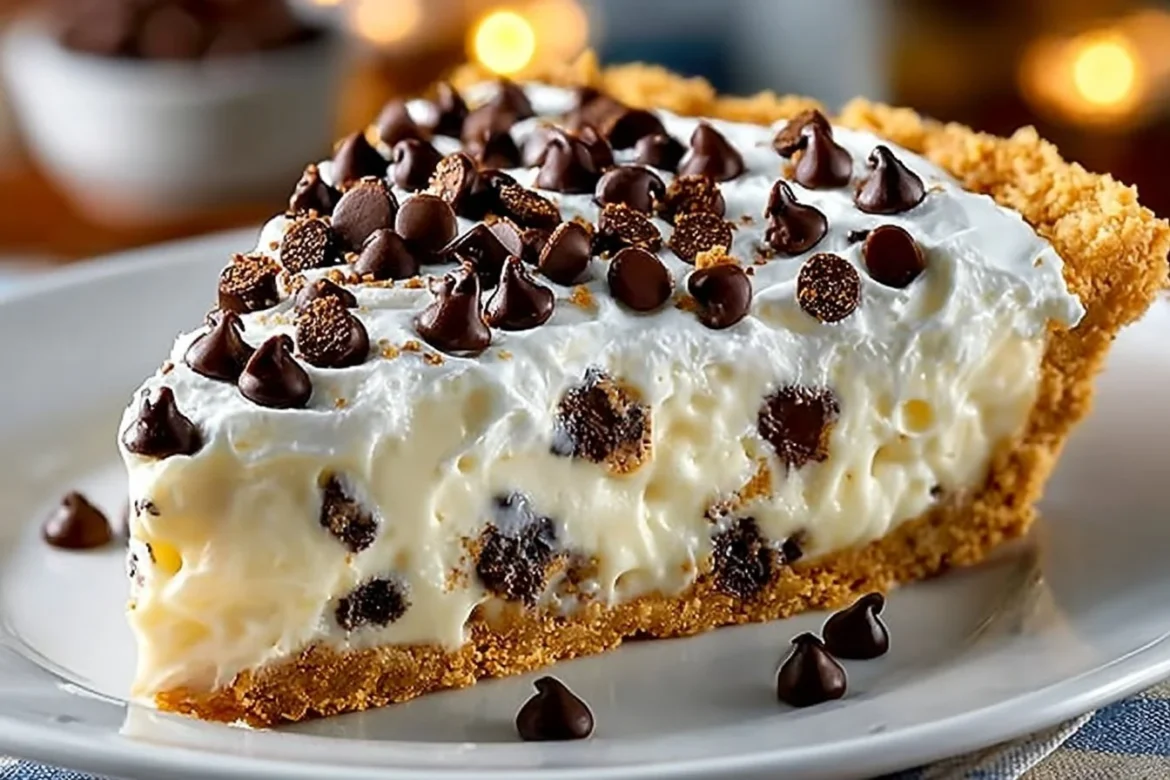 No-bake cannoli cream pie topped with whipped cream and chocolate shavings