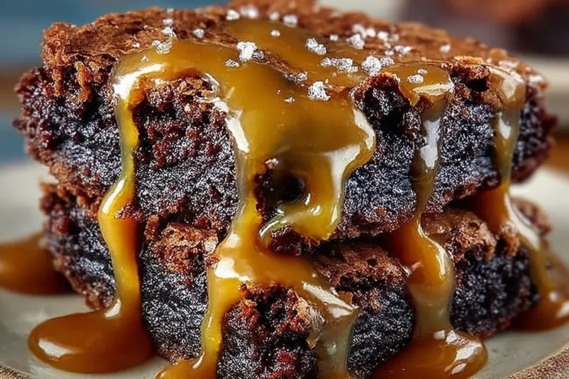Delicious caramel fudge brownies with a rich chocolate layer and gooey caramel drizzle