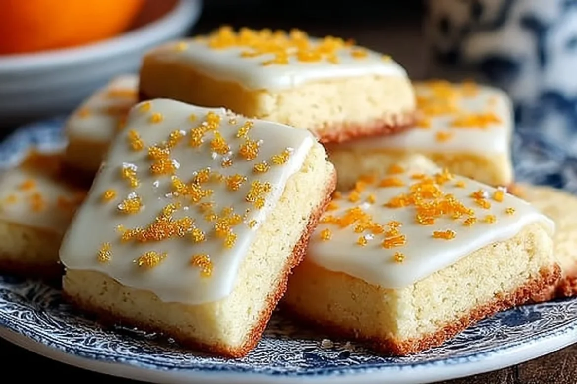 Cardamom shortbread cookies topped with a sweet orange glaze on a plate.