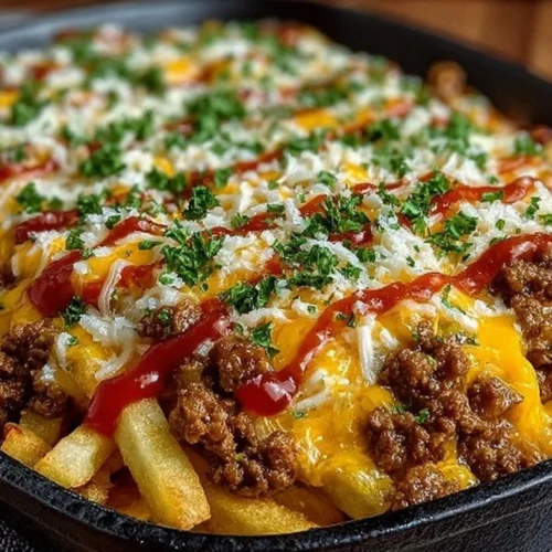 Cheeseburger French Fry Bake topped with melted cheese and savory ingredients.