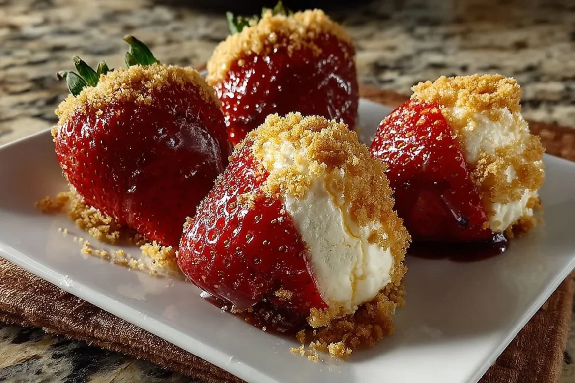 Cheesecake stuffed strawberries on a plate, a delicious dessert treat