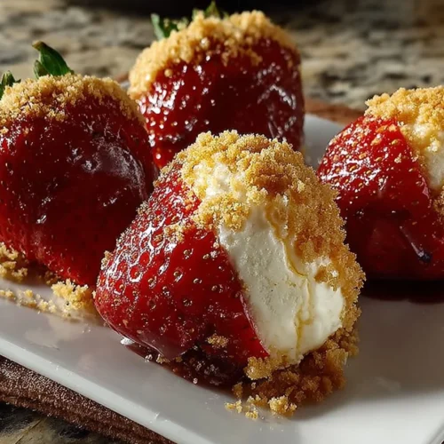 Cheesecake stuffed strawberries on a plate, a delicious dessert treat