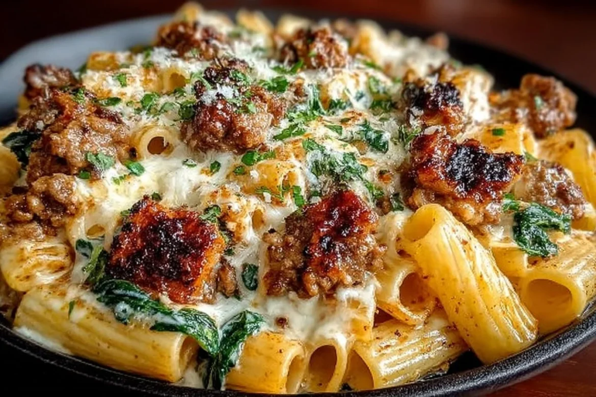 Cheesy beef rigatoni with Italian sausage in garlic butter sauce