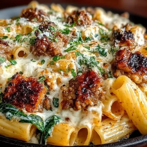 Cheesy beef rigatoni with Italian sausage in garlic butter sauce