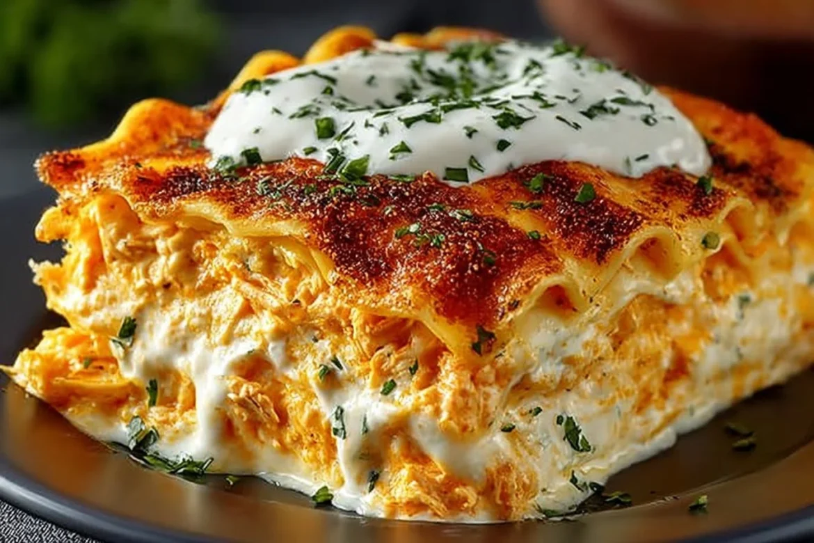 Cheesy Buffalo Chicken Lasagna with ranch drizzle on top in a casserole dish
