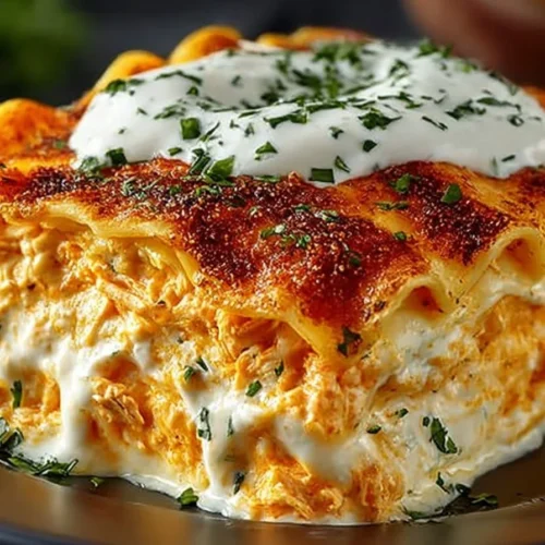 Cheesy Buffalo Chicken Lasagna with ranch drizzle on top in a casserole dish