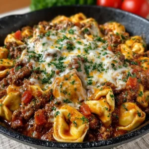 Cheesy enchilada beef tortellini skillet ready to serve