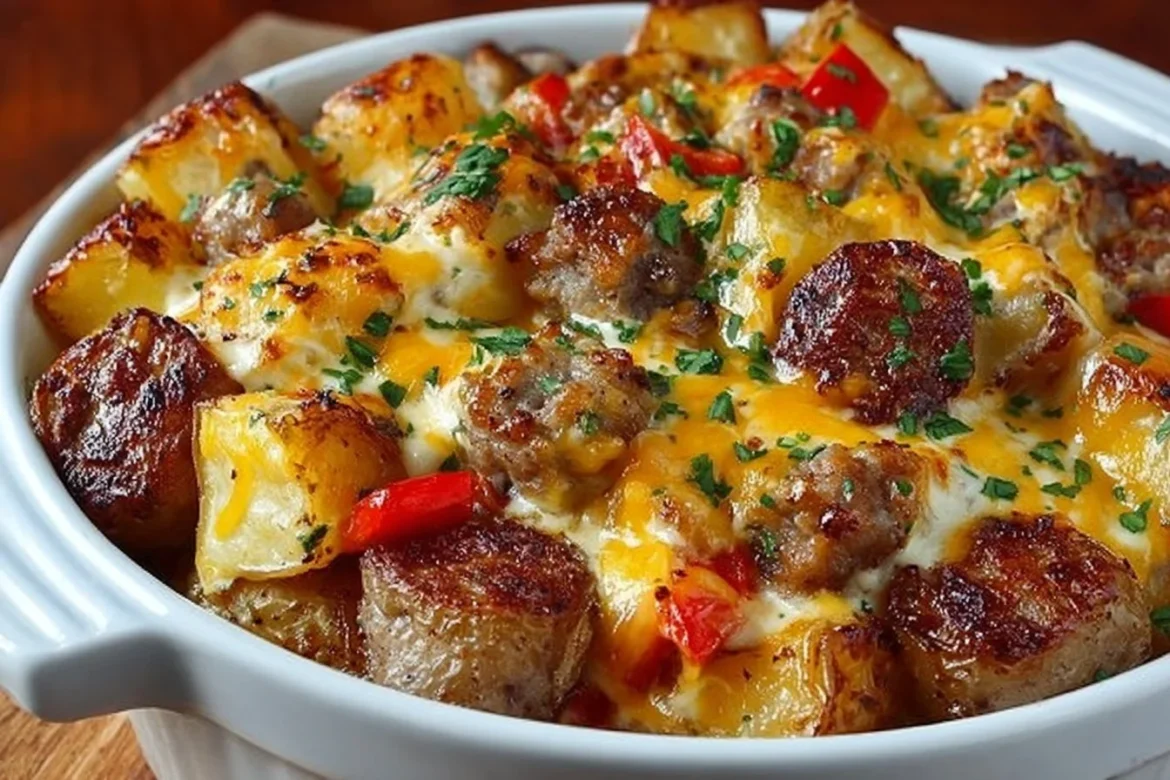 Cheesy ranch potatoes and sausage dish served on a plate