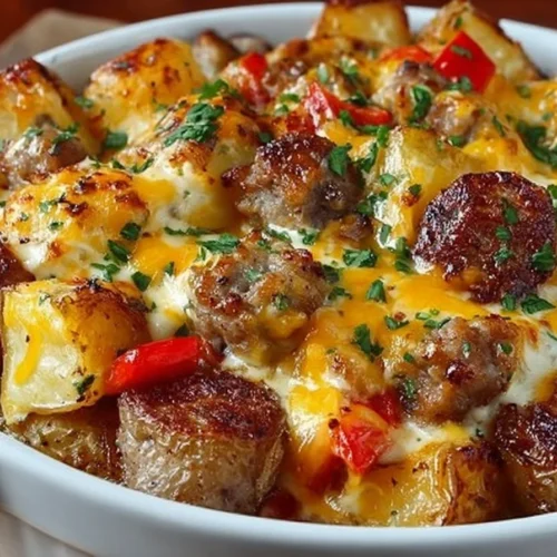 Cheesy ranch potatoes and sausage dish served on a plate