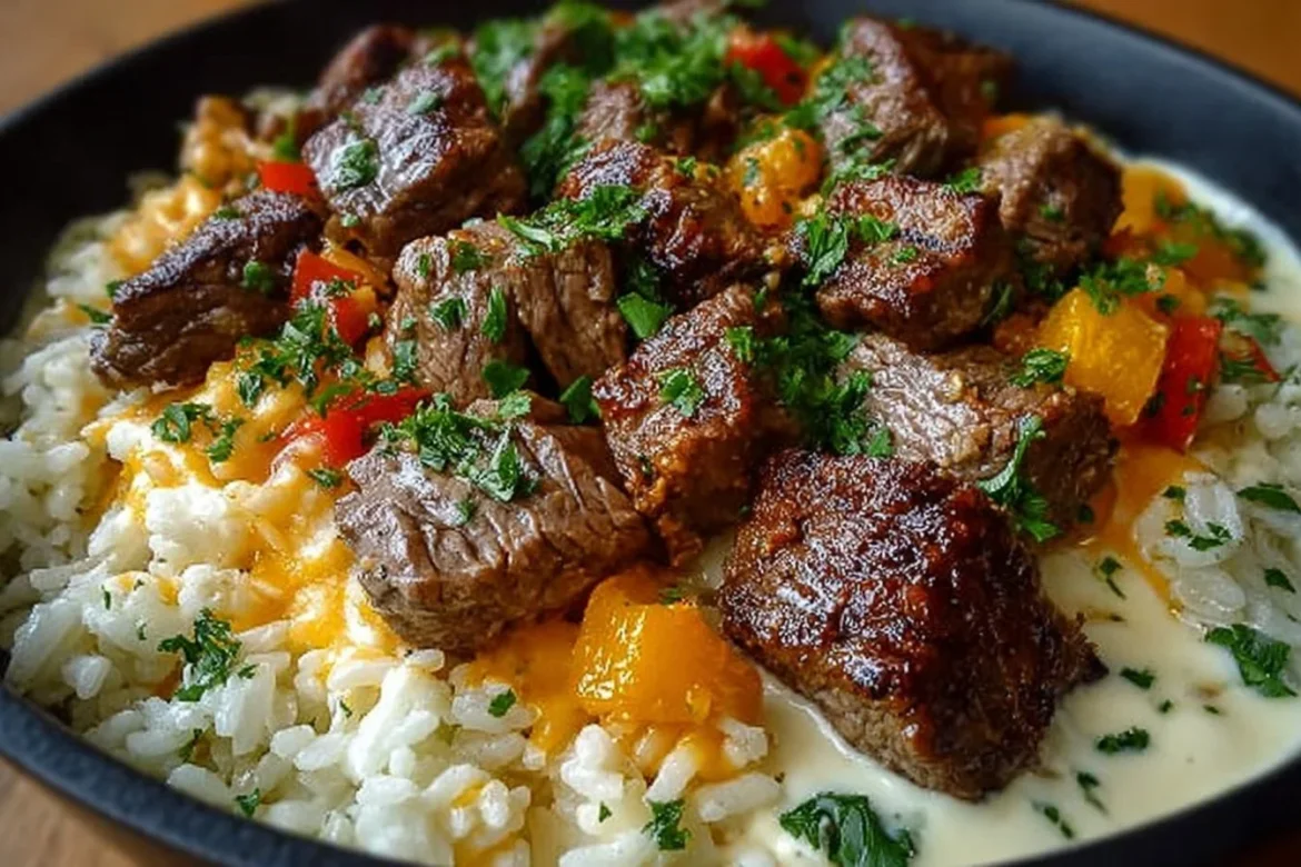 Cheesy Steak Queso Rice served in a bowl with toppings