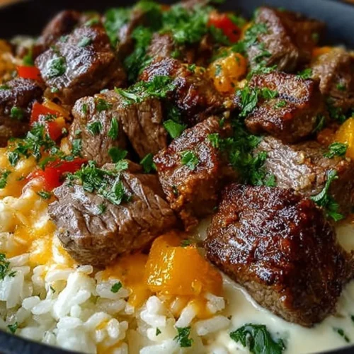 Cheesy Steak Queso Rice served in a bowl with toppings