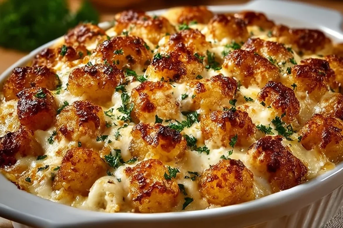 Delicious Chicken Alfredo Tater Tot Casserole topped with cheese and baked to perfection