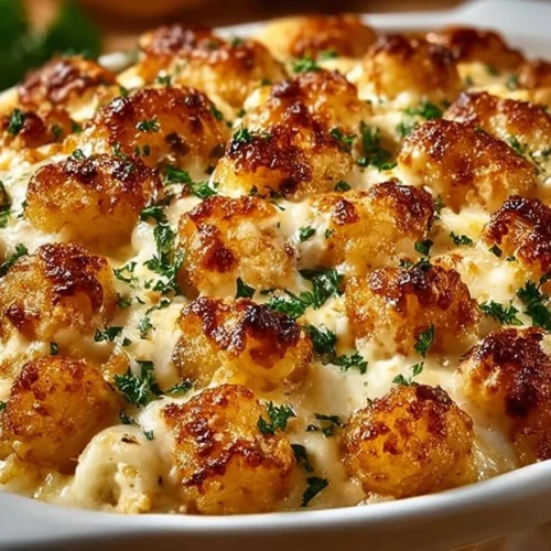 Delicious Chicken Alfredo Tater Tot Casserole topped with cheese and baked to perfection