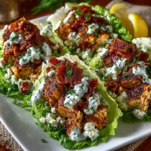 Chicken bacon ranch lettuce boats topped with crispy bacon and ranch dressing.