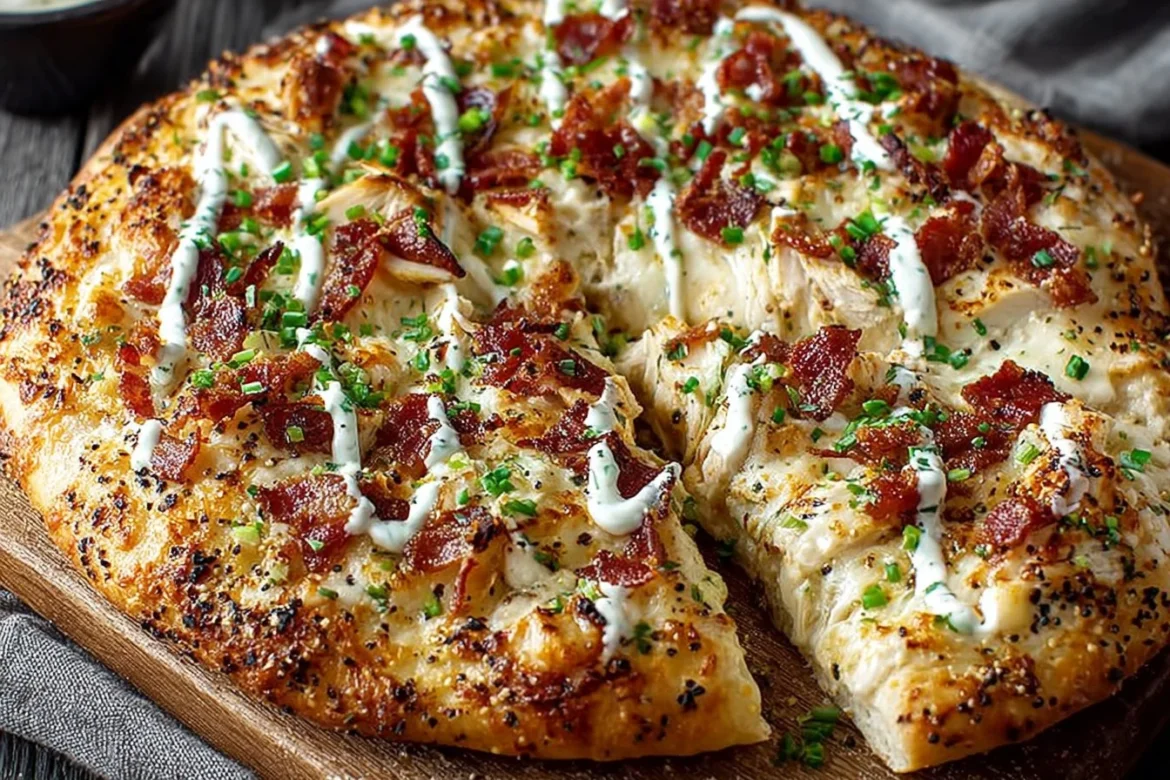Delicious Chicken Bacon Ranch Pizza with fresh toppings