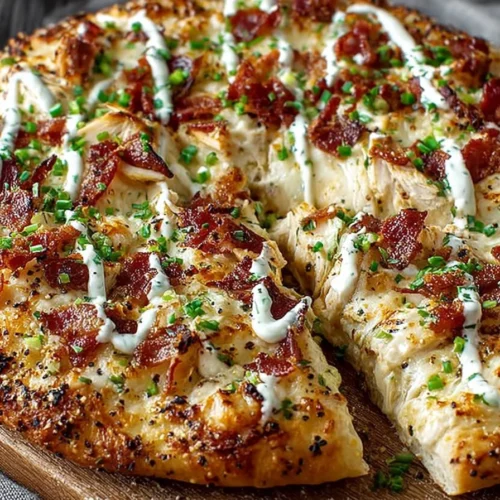 Delicious Chicken Bacon Ranch Pizza with fresh toppings