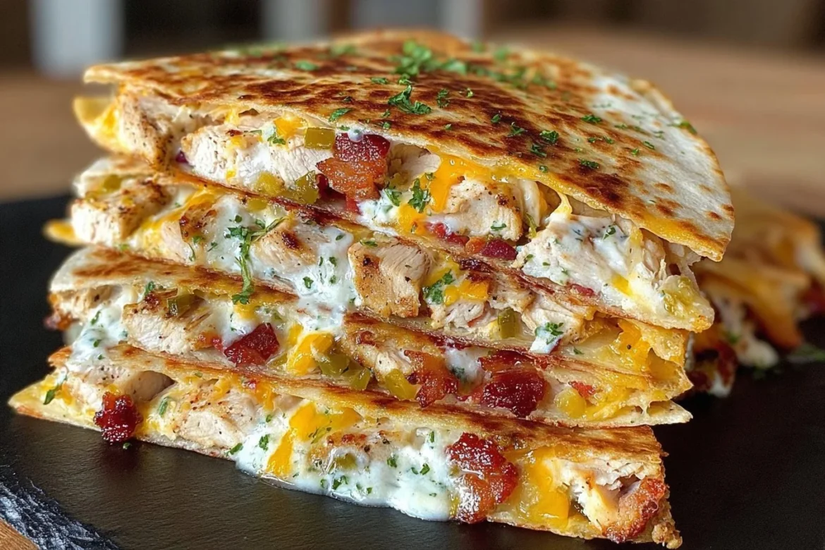 Delicious Chicken Bacon Ranch Quesadillas served with dipping sauce