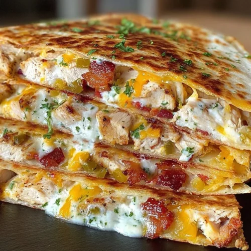 Delicious Chicken Bacon Ranch Quesadillas served with dipping sauce
