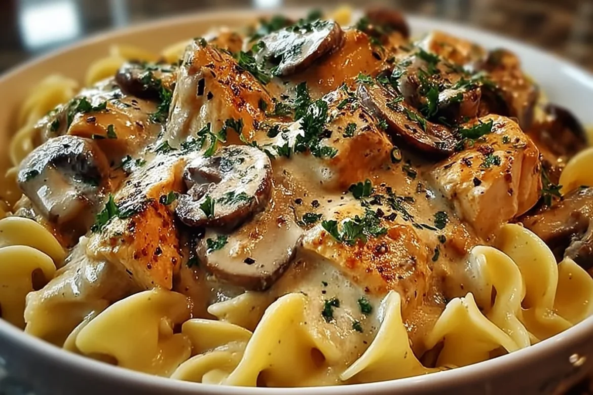 Creamy Chicken Mushroom Stroganoff served in a bowl with pasta