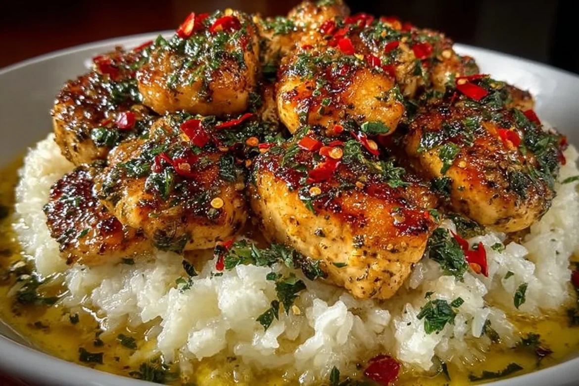 Delicious Chicken Scampi served with creamy garlic parmesan rice