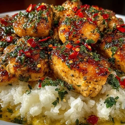 Delicious Chicken Scampi served with creamy garlic parmesan rice