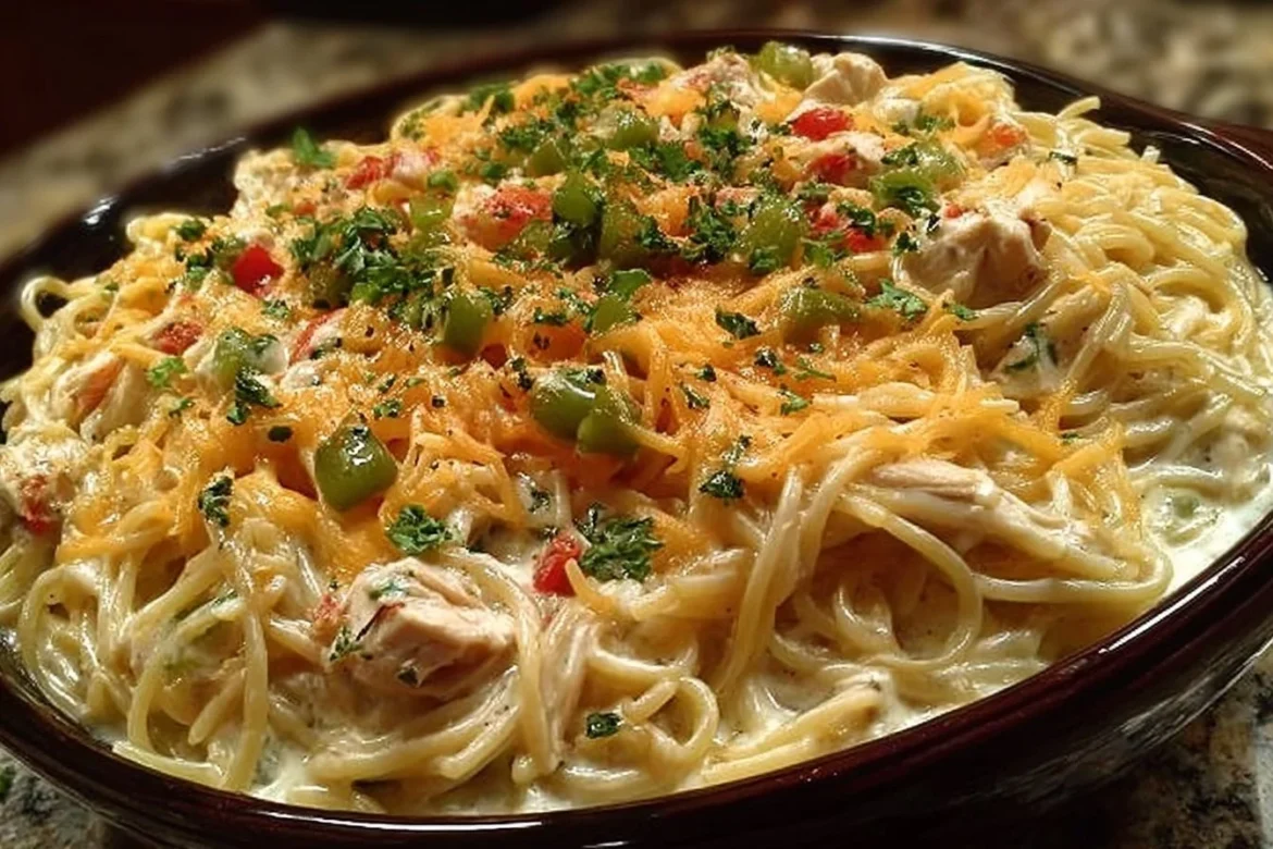 Delicious Chicken Spaghetti dish garnished with herbs and served in a bowl