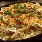 Delicious Chicken Spaghetti dish garnished with herbs and served in a bowl