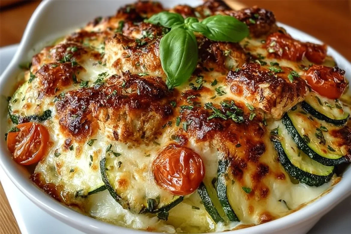 Delicious Chicken Zucchini Bake with melted cheese and herbs on a plate