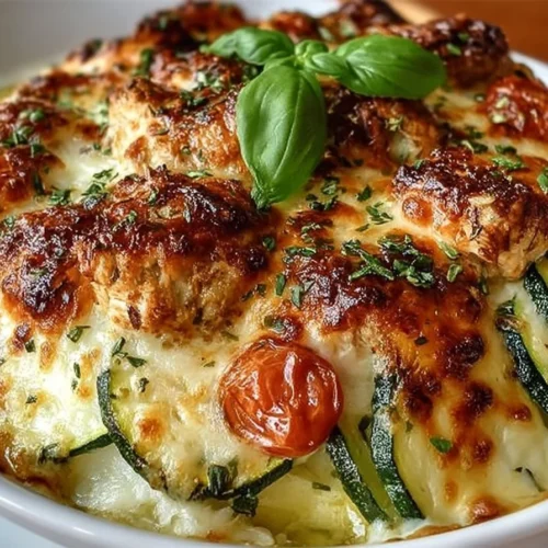 Delicious Chicken Zucchini Bake with melted cheese and herbs on a plate