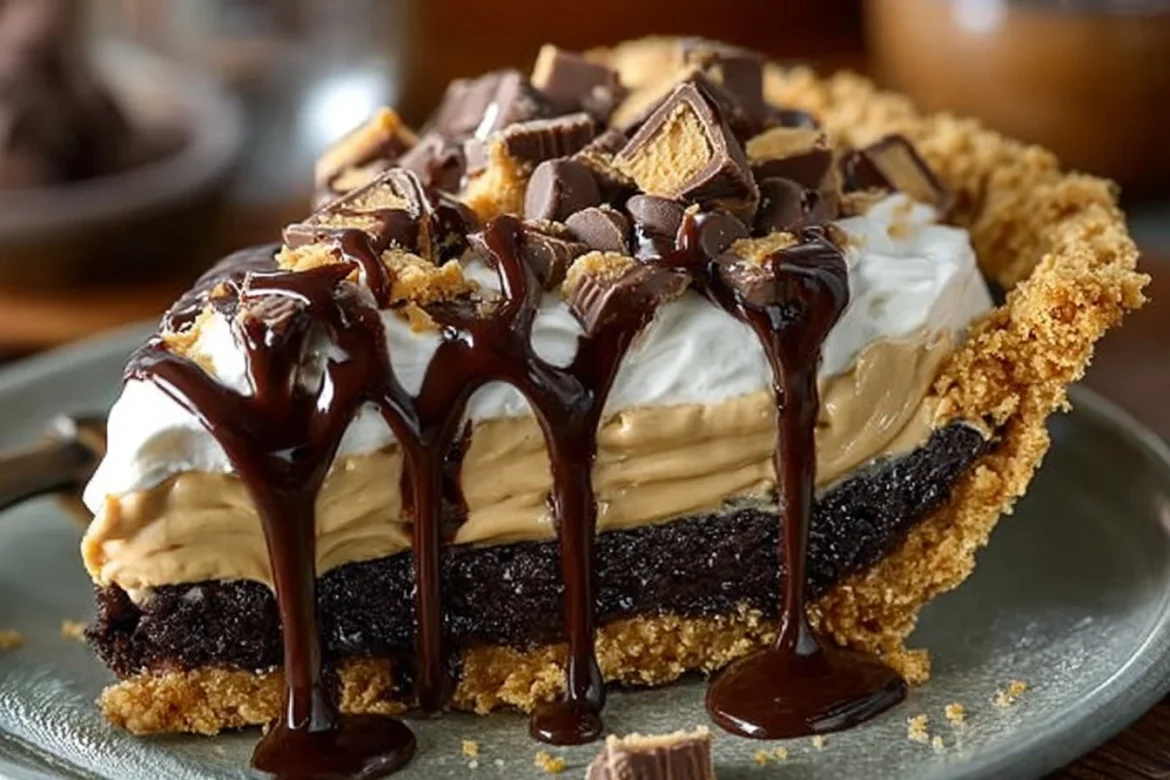 Chocolate bottomed peanut butter pie with a creamy filling and chocolate crust