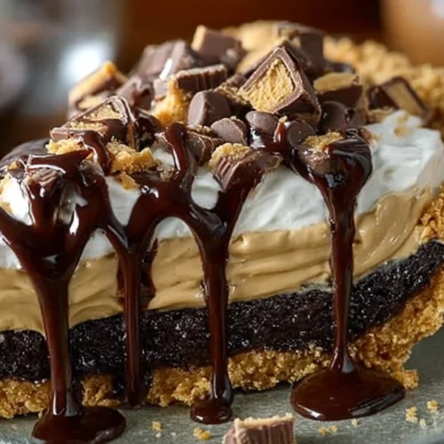 Chocolate bottomed peanut butter pie with a creamy filling and chocolate crust