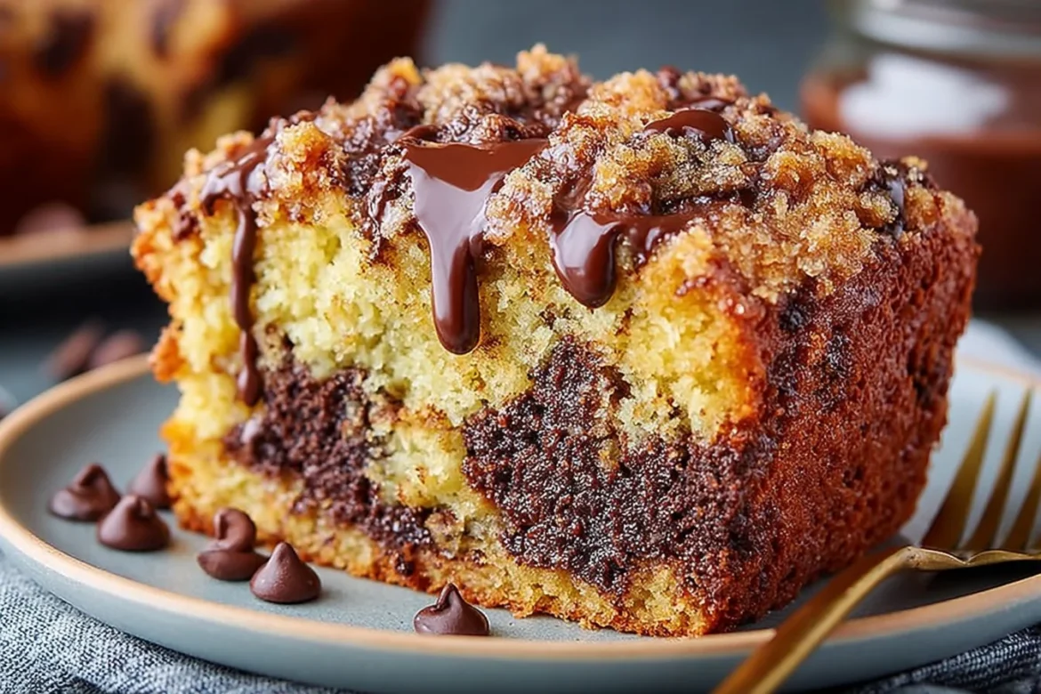 Delicious chocolate chip coffee cake served on a plate