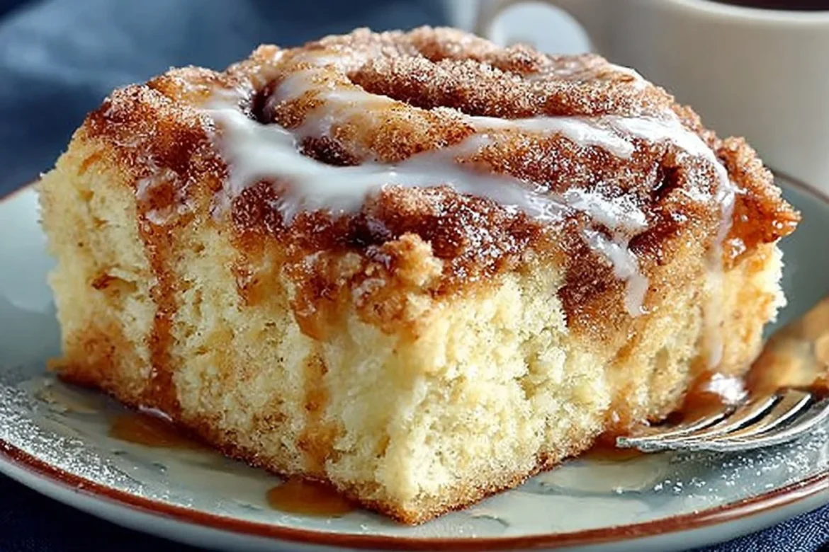 Cinnamon roll coffee cake topped with icing and cinnamon swirl