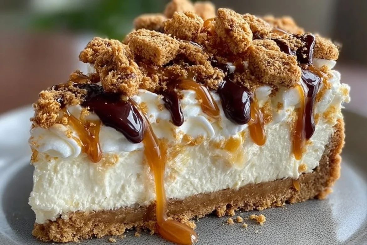 Delicious Cinnamon Toast Crunch Cheesecake garnished with cereal and caramel drizzle.
