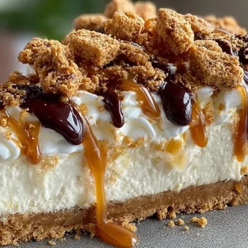 Delicious Cinnamon Toast Crunch Cheesecake garnished with cereal and caramel drizzle.