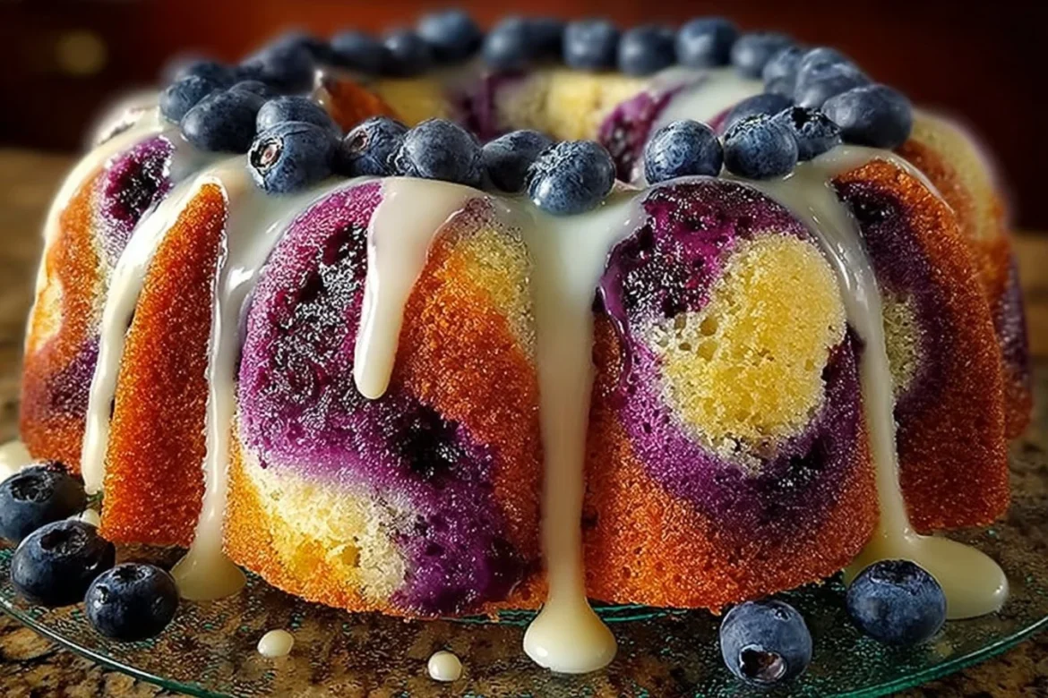 Delicious classic blueberry pound cake with sour cream topping and blueberries