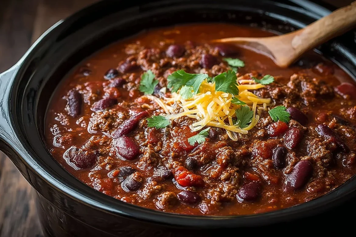 Bowl of classic slow cooker chili topped with cheese and cilantro