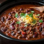 Bowl of classic slow cooker chili topped with cheese and cilantro
