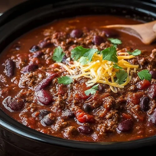 Bowl of classic slow cooker chili topped with cheese and cilantro