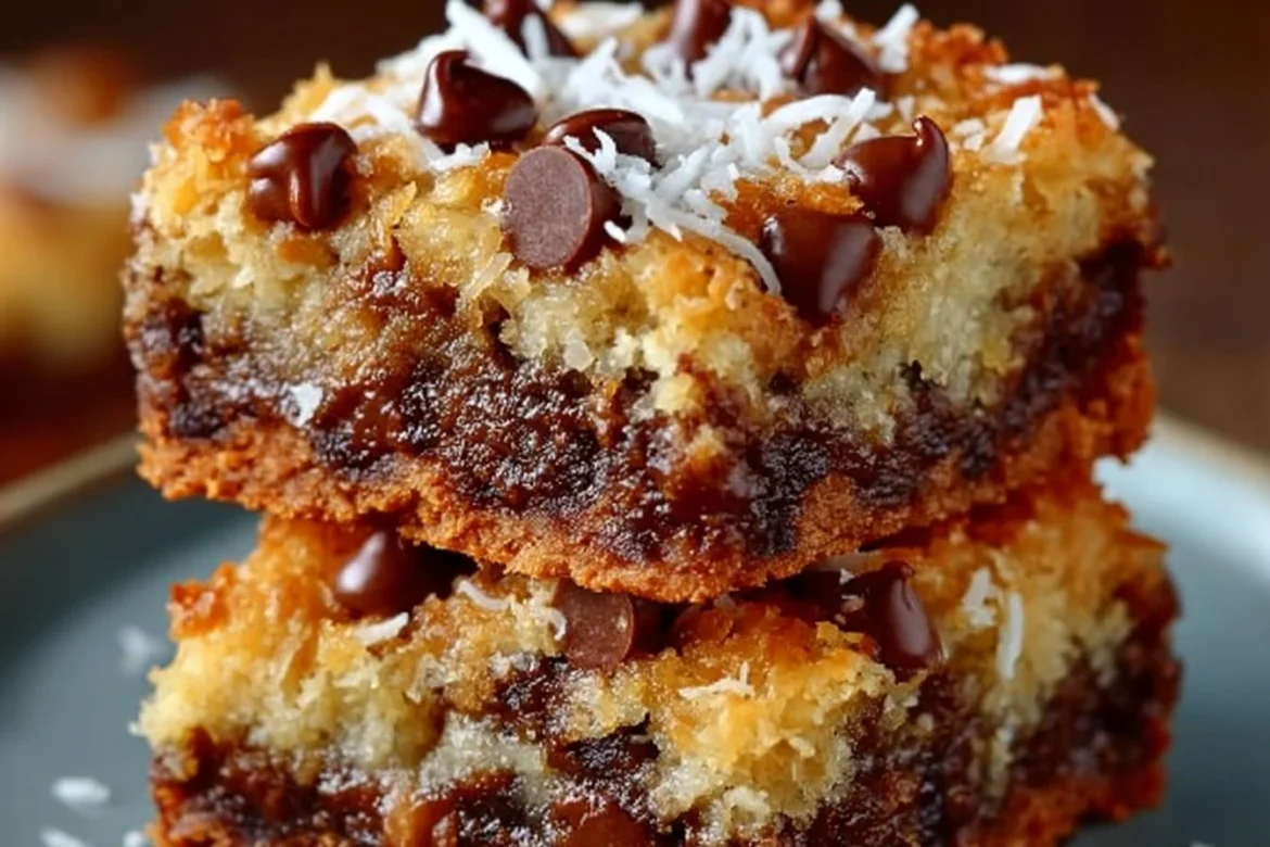 Coconut toffee chocolate chip cookie bars on a plate, garnished with chocolate chips