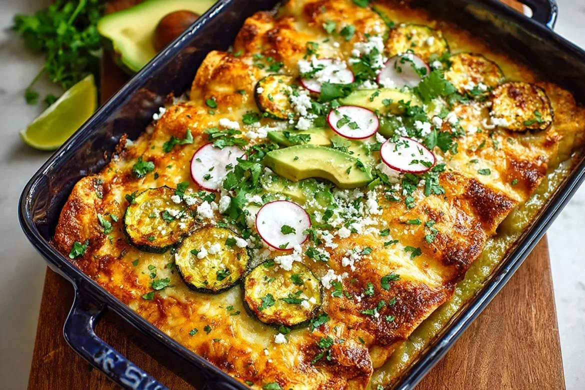 Delicious plate of Corn and Zucchini Enchiladas topped with fresh herbs