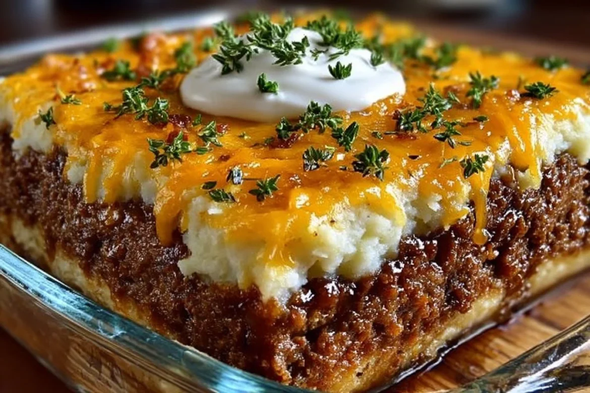 Delicious Cowboy Meatloaf and Potato Casserole served in a dish