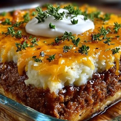 Delicious Cowboy Meatloaf and Potato Casserole served in a dish
